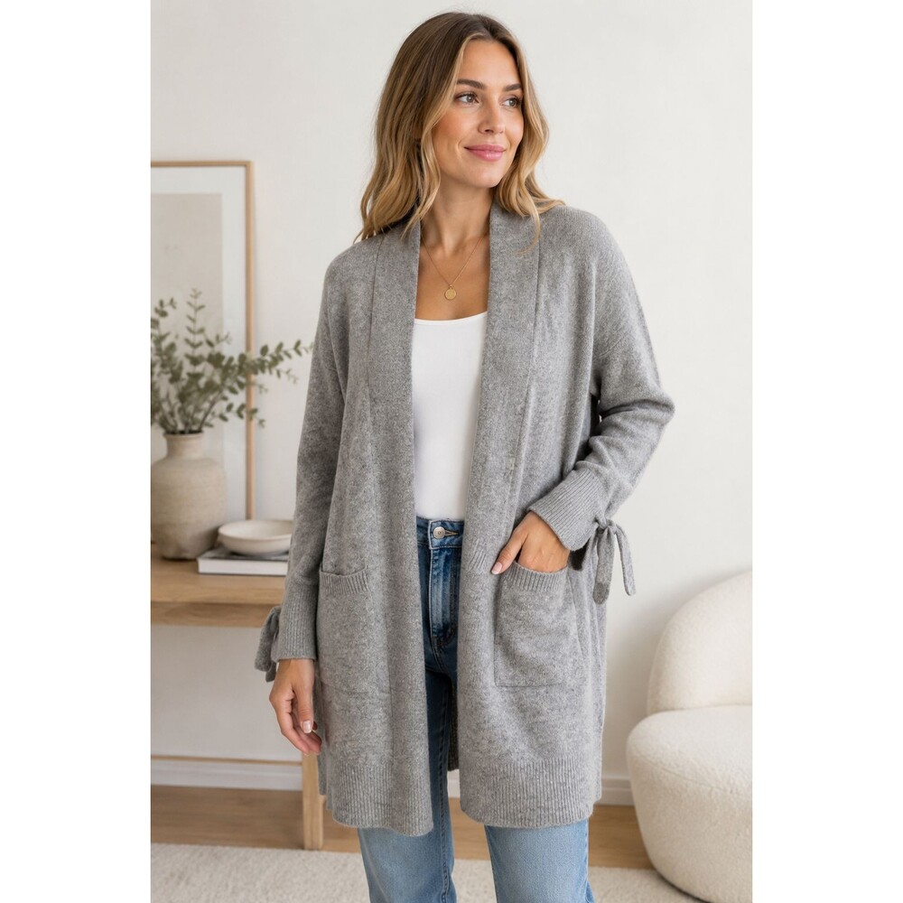 White + Warren Gray Cashmere Open Front Cardigan Sz XS Tie Sleeve Pockets 1471H5